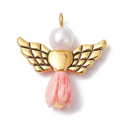 Misty Rose Resin Imitation Pearl Pendants, Rose Angel Charms with Antique Golden Plated Alloy Heart Wings, Misty Rose, 23.5~24x22x6.5mm, Hole: 1.8~2.2mm