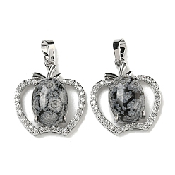 Снежный Обсидиан Натуральный обсидиан-снежинка с подвесками из прозрачного кубического циркония, подвески в виде яблока со стойкой, фурнитура из латуни, платина, без кадмия и без свинца, 28.5x25.5x9~10 мм, отверстие : 7x5 мм