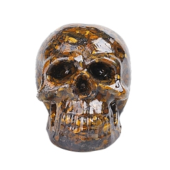 Tiger Eye Resin Skull Display Decoration, with Natural Tiger Eye Chips inside Statues for Home Office Decorations, 73x100x75mm