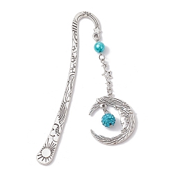 Deep Sky Blue Alloy Moon Pendant Bookmark, Tibetan Style Alloy Hook Bookmarks, with Glass Pearl, Deep Sky Blue, 112mm
