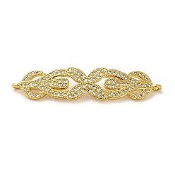 Real 18K Gold Plated Rack Plating Brass Micro Pave Clear Cubic Zirconia Connector Charms, Leaf Links, Long-Lasting Plated, Lead Free & Cadmium Free, Real 18K Gold Plated, 42x9.5x2mm, Hole: 1.2mm
