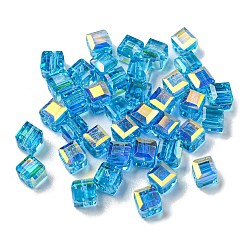 Deep Sky Blue Electroplate Glass Beads, Faceted, Cube, Deep Sky Blue, 5.5x5.5x5.5mm, Hole: 1.6mm , 100pcs/bag