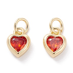 Coral Brass inlaid Cubic Zirconia Pendants, with Jump Ring, Long-Lasting Plated, Heart, Real 18K Gold Plated, Coral, 9.5x7x3mm, Hole: 3.6mm