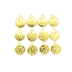 Golden Alloy Pendants, Flat Round with Twelve Constellation, Golden, 17x14mm, Hole: 1.5mm, 12pcs/set