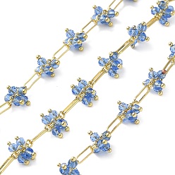 Cornflower Blue Rack Plating Real 18K Gold Plated Brass Oval Link Chains, with Glass Flower Charms, Soldered, with Spool, Lead Free & Cadmium Free, Cornflower Blue, 8x2x0.9mm