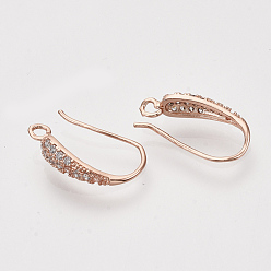 Real Rose Gold Plated Brass Micro Pave Cubic Zirconia Earring Hooks, with Horizontal Loop, Nickel Free, Clear, Real Rose Gold Plated, 19~20x10~11x4mm, Hole: 2mm, 21 Gauge, Pin: 0.7mm
