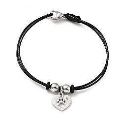 Stainless Steel Color 304 Stainless Steel Heart with Paw Print Charm Bracelet with Waxed Cord for Women, Stainless Steel Color, 7 inch(17.8cm)