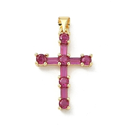 Средний Фиолетово-красный Латунные микро проложить кубического циркония подвески, реальный 16 k позолоченный, крест прелести, средне фиолетовый красный, 25.5x17.5x4.5 мм, отверстие : 5x3.5 мм