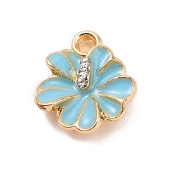Sky Blue Alloy Enamel Pendants, with Rhinestone, Flower Charm, Golden, Sky Blue, 14x12.5x4mm, Hole: 2mm