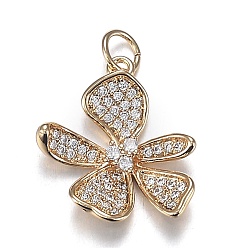 Real 18K Gold Plated Brass Micro Clear Cubic Zirconia Pendants, Long-Lasting Plated, 5-Petal Flower, Real 18K Gold Plated, 18x16.5x4.5mm, Hole: 3.5mm
