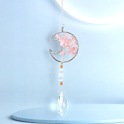 Moon Crystals Hanging Pendants Decoration, with Natural Rose Quartz Chips and Alloy Findings, for Home, Garden Decoration, Moon, 230mm