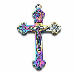 Rainbow Color Rainbow Color Alloy Big Pendants, Cadmium Free & Lead Free, for Religion, Cross with Jesus, 58x36x4.5mm, Hole: 2.5mm