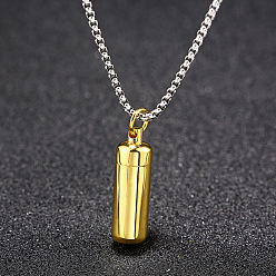 Golden 316L Stainless Steel Pill Shape Urn Ashes Pendant Necklace with Box Chains, Memorial Jewelry for Men Women, Golden, 23.62 inch(60cm)