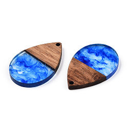 Blue Transparent Resin & Walnut Wood Pendants, Teardrop Charms, Blue, 36x24.5x3.5mm, Hole: 2mm