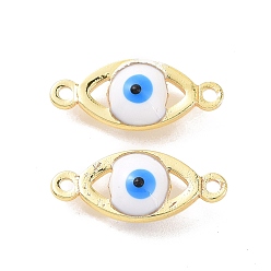 White Brass Enamel Connector Charms, Real 18K Gold Plated, Evil Eye, White, 6x14x4mm, Hole: 1mm