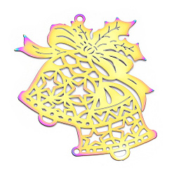 Rainbow Color Рождественская тема 201 большие подвески из нержавеющей стали, гравированные металлические украшения, рождественский колокольчик, Радуга цветов, 42.5x45x0.3 мм, отверстие : 1.7 мм