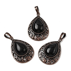 Обсидиан Подвески из натурального обсидиана, с винтажной латунной рамкой красного медного оттенка, 34.5x23.5x7.5 мм, отверстие : 8x5 мм