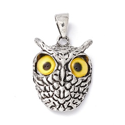 Yellow Retro Punk Alloy Pendants, with Glass, Owl with Evil Eye, Yellow, 26x18.5x6mm, Hole: 7.5x4mm