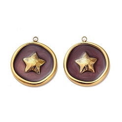 Желтая Старая Ткань  304 подвески из нержавеющей стали, плоские круглые со звездой, с эмалью, реальный 18 k позолоченный, ионное покрытие (ip), старое кружево, 27x24x3 мм, отверстие : 1.8 мм