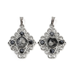 Снежный Обсидиан Естественно снежинка обсидиана подвески, ромбовидные подвески с латунной фурнитурой, стойки покрытие, платина, 35.5x27x7.5 мм, отверстие : 8.5x4.5 мм