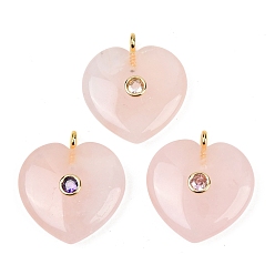 Розовый Кварц Природного розового кварца подвески, Подвески в форме сердца с фурнитурой из латуни, инкрустированной микрофибровыми циркониями (случайного цвета)., золотые, 27~28x25x7.5~8 мм, отверстие : 2.5 мм