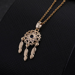 E Boho Fringe Dreamcatcher Pendant Necklace with CZ Stones, Gold Plated Sweater Chain Jewelry