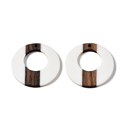 White Opaque Resin & Walnut Wood Pendants, Two Tone, Donut, White, 35x3mm, Hole: 2mm