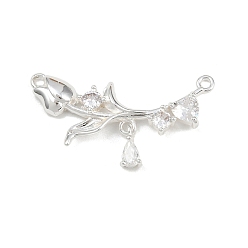 Посеребрённый Подвески-соединители из латунных прозрачных кубических цирконий, цветок, 925 серебро покрытием, 31x21x4 мм, Отверстие : 1.2 мм & 1.3 мм