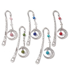 Mixed Color Alloy Moon Pendant Bookmark, Tibetan Style Alloy Hook Bookmarks, with Glass Pearl, Mixed Color, 112mm