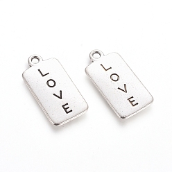 Antique Silver Rack Plating Tibetan Style Alloy Pendants, Rectangle with Word Love, for Valentine's Day, Antique Silver, 25.5x13x2mm, Hole: 2mm