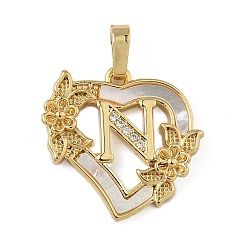 Letter N Латунь микропаве фианиты с подвесками-ракушками, Сердце и письмо, долговечный, без свинца и без кадмия, стойки покрытие, Письмо N, 20x20.5x3 мм, отверстие : 3.5x5 мм