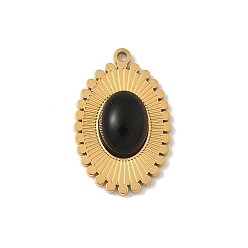 Black Onyx Подвески из натурального черного оникса (окрашенные и нагретые), 304 из нержавеющей стали овальные амулеты, реальный 18 k позолоченный, ионное покрытие (ip), 19x12x4.5 мм, отверстие : 1 мм
