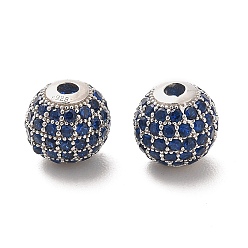 Bleu Foncé Plaqué rhodium 925 perles en argent sterling micro pavées de zircones cubiques, ronde, Platine plaqué, bleu foncé, 10x9mm, Trou: 2.2mm