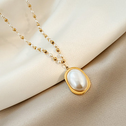 Золотой 304 Ожерелье из нержавеющей стали с пластиковой подвеской в виде белого овального кулона и шариковыми звеньями, овальное, с жемчужиной, для женщин, золотые, 17.72 дюйм (45 см)