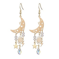 Light Gold Moon & Star & Sun & Lightning Alloy Chandelier Earrings, Glass Long Drop Earrings, Light Gold, 75x20mm