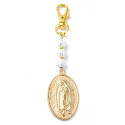 Golden Alloy Oval with Virgin Mary Pendant Decorations, with Acrylic Beads and Alloy Swivel Lobster Claw Clasps, Religion, Golden, 108mm
