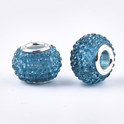 Teal Resin Rhinestone European Beads, Large Hole Beads, with Platinum Tone Brass Double Cores, Rondelle, Berry Beads, Steel Blue, 14x10mm, Hole: 5mm