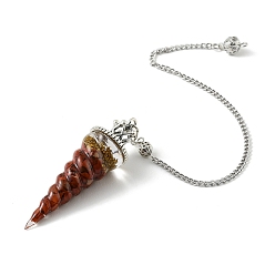 Red Jasper Resin Dowsing Pendulum Pendants with Natural Red Jasper Chips inside and Iron Chain & Alloy Caps, Cone Charms, 280mm, Hole: 2mm