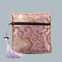 Plum Chinese Style Square Cloth Zipper Pouches, with Random Color Tassels and Auspicious Clouds Pattern, Plum, 12~13x12~13cm