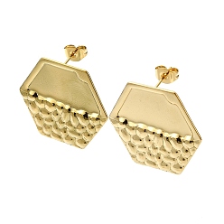 Real 18K Gold Plated Ion Plating(IP) 201 Stainless Steel Stud Earrings, with 304 Stainless Steel Pins, Textured Hexagon, Real 18K Gold Plated, 23x26mm