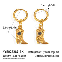 Черный 304 туфли из нержавеющей стали с серьгами-кольцами в форме сердца, с эмалью, реальный 18 k позолоченный, чёрные, 36.5x14 мм