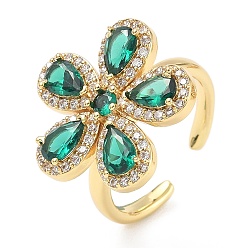 Зеленый Кольца-манжеты из цветочной латуни с микропаве из кубического циркония для женщин, без кадмия и без свинца, стойки покрытие, реальный 18 k позолоченный, зелёные, 19.5x20.5 мм, внутренний диаметр: 17.2 мм
