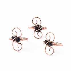 Black Agate Natural Black Agate Chips with Vortex Finger Ring, Rose Gold Brass Wire Wrap Jewelry for Women, Inner Diameter: 18mm