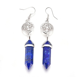 Lapis Lazuli Pointed Bullet Natural Lapis Lazuli Dangle Earrings, with Brass Earring Hooks and Flat Round with Tree of Life Links, Platinum, 76mm, Pin: 0.7mm