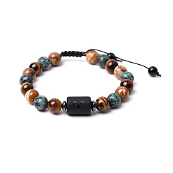 Bélier Bracelets de perles tressées en pierres précieuses naturelles, bracelet constellation en verre, Aries, 7-1/4~7-1/2 pouce (18.5~19 cm)