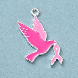 Bird Breast Cancer Pink Awareness Ribbon Theme Alloy Enamel Pendants, Silver, Bird, 27x15.5x1.4mm, Hole: 1.5mm