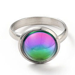 Разноцветный K9 стеклянное плоское круглое кольцо на палец, 304 женские украшения из нержавеющей стали, цвет нержавеющей стали, красочный, размер США 7 3/4 (17.9 мм), кольцо поверхность: 14x7mm