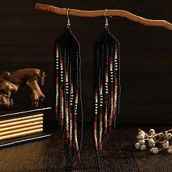 Черный Серьги-люстры ручной работы в богемном стиле из стеклянного бисера., длинные серьги кисточкой, чёрные, 160x23 мм
