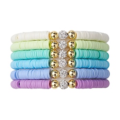 Mixed Color 6Pcs 6 Color Polymer Clay Disc & Rhinestone Beaded Stretch Bracelets Set, Stackable Preppy Bracelets, Mixed Color, Inner Diameter: 2-1/8 inch(5.4cm), 1Pc/color