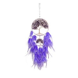 Amethyst Iron & Natural Amethyst Woven Web/Net with Feather Pendant Decorations, Flat Round with Tree of Life, Packaging: 320x180mm